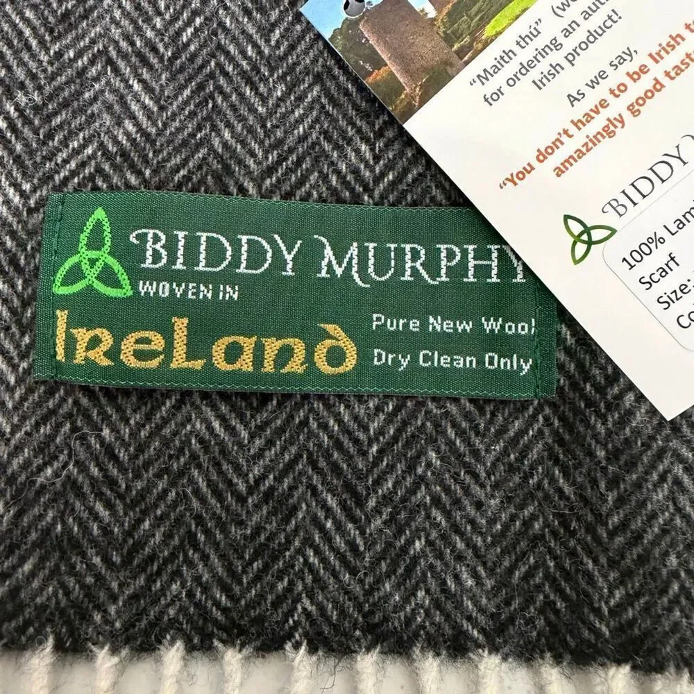 Biddy Murphy Lambswool Scarf Gray Black Herringbone Ireland NEW